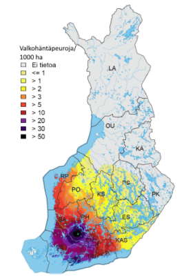 Suurimmat valkohäntäpeuratiheydet (yli 50 yksilöä/1000 ha) ovat Satakunnan (SA), Pohjois-Hämeen (PH), Etelä-Hämeen (EH) ja Varsinais-Suomen (VS) riistakeskusten raja-alueilla. Karttaan on rajattu Suomen riistakeskusalueet. Kuva: Luke