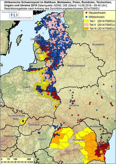 ASF:n levinneisyys Euroopassa ja lähialueilla, kuva FLI