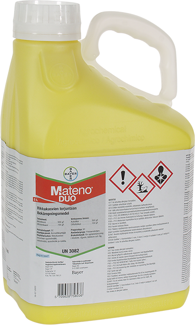 Mateno Duo sisältää tehoaineina diflufenikaania ja aklonifeenia. Valmisteella on rikkakasveihin poikkeuksellisen pitkä maavaikutusaika, tehoa riittää jopa 3 kuukaudeksi. 5 litran pakkaus riittää rukiille 14 hehtaarin käsittelyyn.